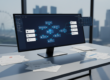 Corporate workspace with ultrawide monitor showing automated translation workflow, multilingual documents, and financial data.