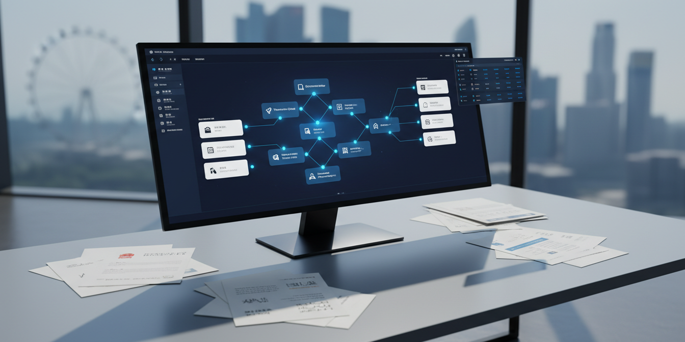 Corporate workspace with ultrawide monitor showing automated translation workflow, multilingual d… Corporate workspace with ultrawide monitor showing automated translation workflow, multilingual documents, and financial data.
