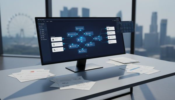 Corporate workspace with ultrawide monitor showing automated translation workflow, multilingual documents, and financial data.