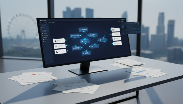 Corporate workspace with ultrawide monitor showing automated translation workflow, multilingual documents, and financial data.