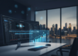 Corporate workstation with ultra-wide monitor, holographic ROI chart, APAC languages, Singapore skyline.