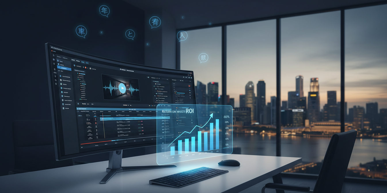 Corporate workstation with ultra-wide monitor, holographic ROI chart, APAC languages, Singapore s… Corporate workstation with ultra-wide monitor, holographic ROI chart, APAC languages, Singapore skyline.