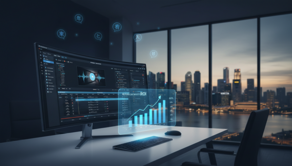 Corporate workstation with ultra-wide monitor, holographic ROI chart, APAC languages, Singapore skyline.