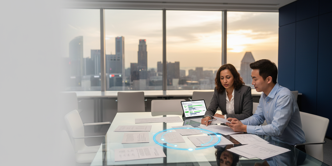 Diverse team in Singapore office reviews multilingual documents at glass table with skyline view. Diverse team in Singapore office reviews multilingual documents at glass table with skyline view.