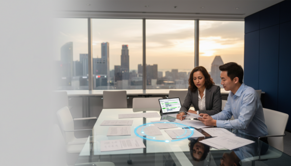 Diverse team in Singapore office reviews multilingual documents at glass table with skyline view.