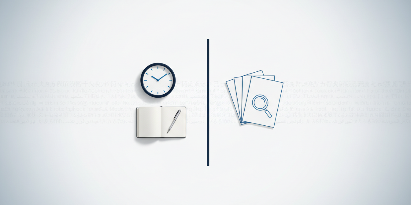 Flat-lay of hourly vs. per-word pricing models on white surface, navy accent line divides zones.