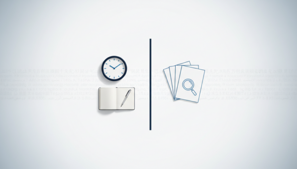 Flat-lay of hourly vs. per-word pricing models on white surface, navy accent line divides zones.