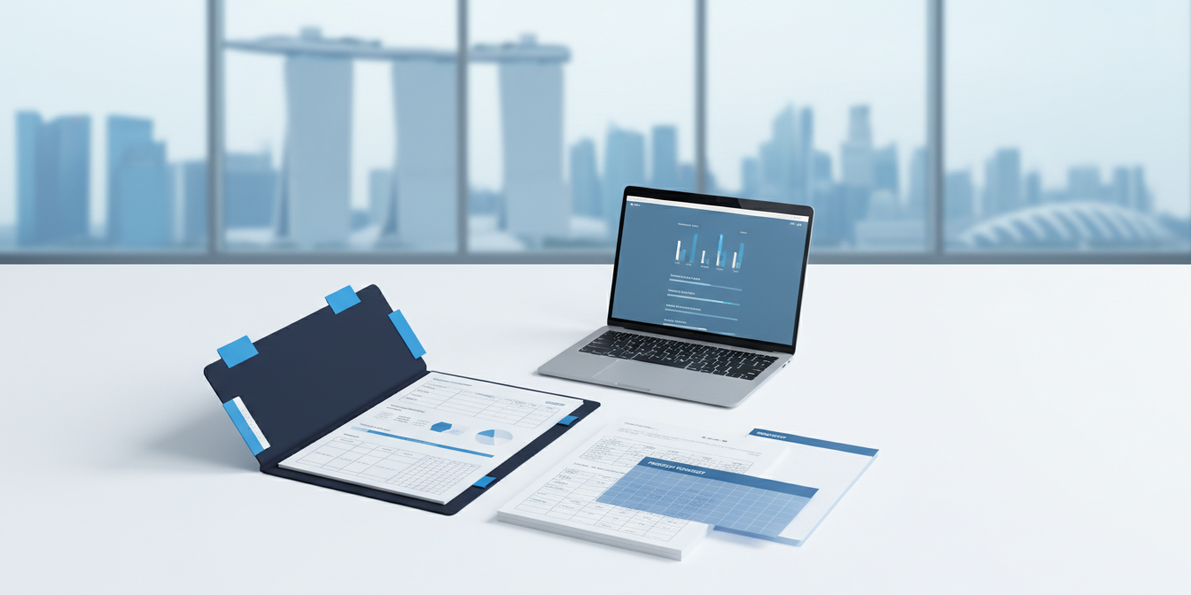 Flat-lay of laptop, documents, and folder in corporate workspace with Singapore skyline reflection.