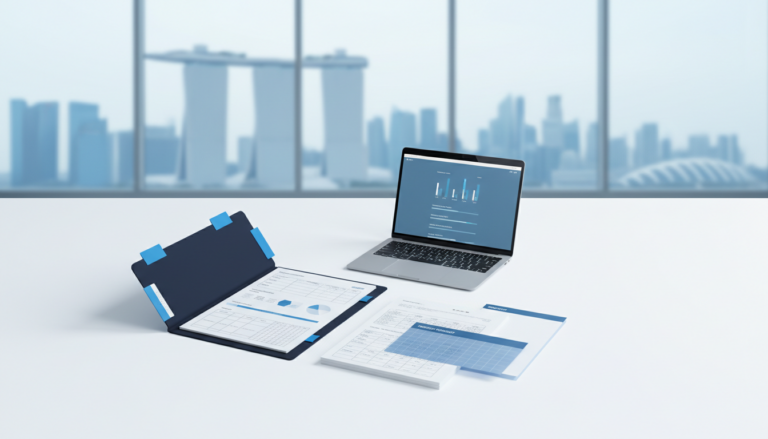Flat-lay of laptop, documents, and folder in corporate workspace with Singapore skyline reflection.