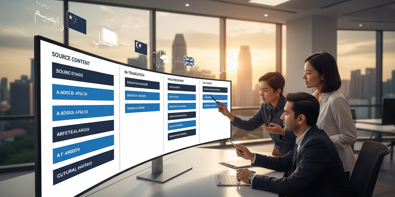 Modern digital Kanban board on ultra-wide monitor in minimalist office, diverse team collaboratin… Modern digital Kanban board on ultra-wide monitor in minimalist office, diverse team collaborating, Singapore skyline.