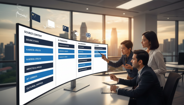 Modern digital Kanban board on ultra-wide monitor in minimalist office, diverse team collaborating, Singapore skyline.