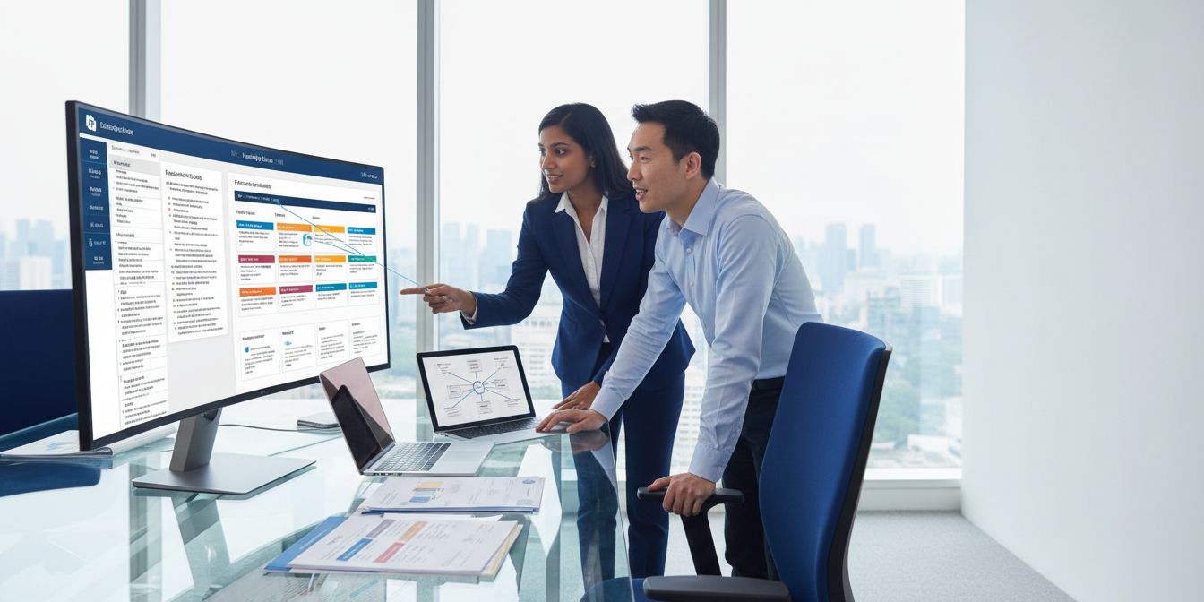 Modern office in Singapore with diverse pros collaborating at monitor, cityscape backdrop. Modern office in Singapore with diverse pros collaborating at monitor, cityscape backdrop.