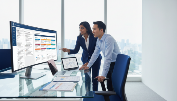 Modern office in Singapore with diverse pros collaborating at monitor, cityscape backdrop.