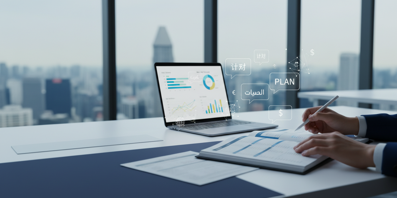 Modern office in Singapore with planner, laptop, multilingual icons, diverse hands annotating.