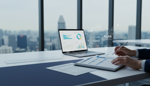 Modern office in Singapore with planner, laptop, multilingual icons, diverse hands annotating.