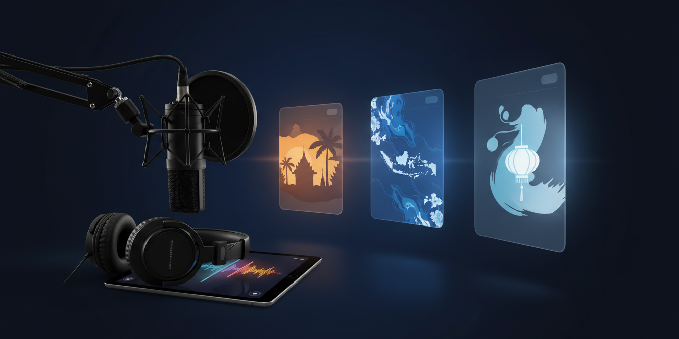 Modern podcast localization setup with mic, headphones, waveform on tablet, and Asian-themed panels.