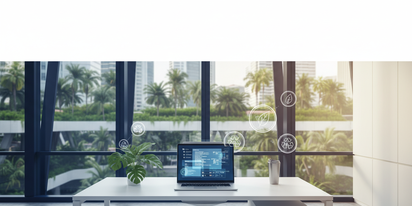 Modern Singapore office with green cityscape, desk with laptop showing multilingual interfaces, e… Modern Singapore office with green cityscape, desk with laptop showing multilingual interfaces, eco-friendly cues.