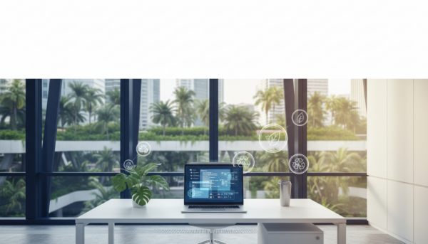 Modern Singapore office with green cityscape, desk with laptop showing multilingual interfaces, eco-friendly cues.