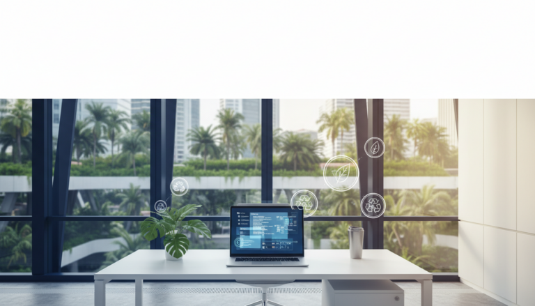 Modern Singapore office with green cityscape, desk with laptop showing multilingual interfaces, eco-friendly cues.
