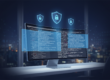 Modern workstation with multilingual text, data privacy symbols, urban skyline backdrop.