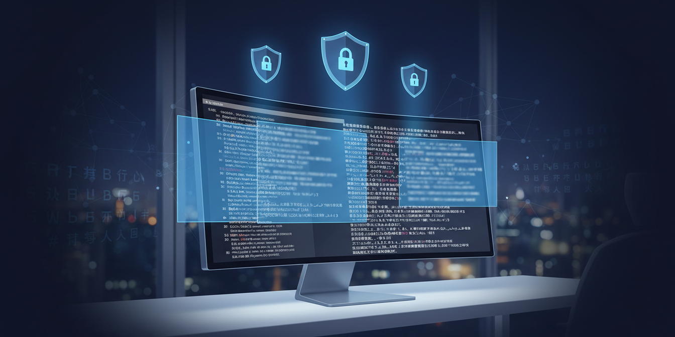 Modern workstation with multilingual text, data privacy symbols, urban skyline backdrop.