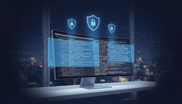Modern workstation with multilingual text, data privacy symbols, urban skyline backdrop.