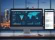 Professional analytics dashboard on ultra-widescreen monitor, modern Singapore skyline at dusk.
