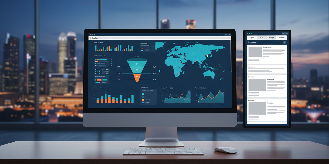 Professional analytics dashboard on ultra-widescreen monitor, modern Singapore skyline at dusk.
