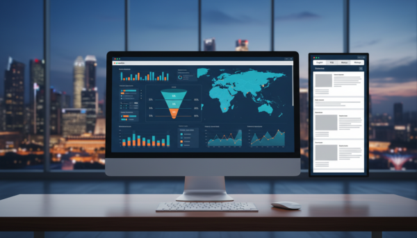 Professional analytics dashboard on ultra-widescreen monitor, modern Singapore skyline at dusk.
