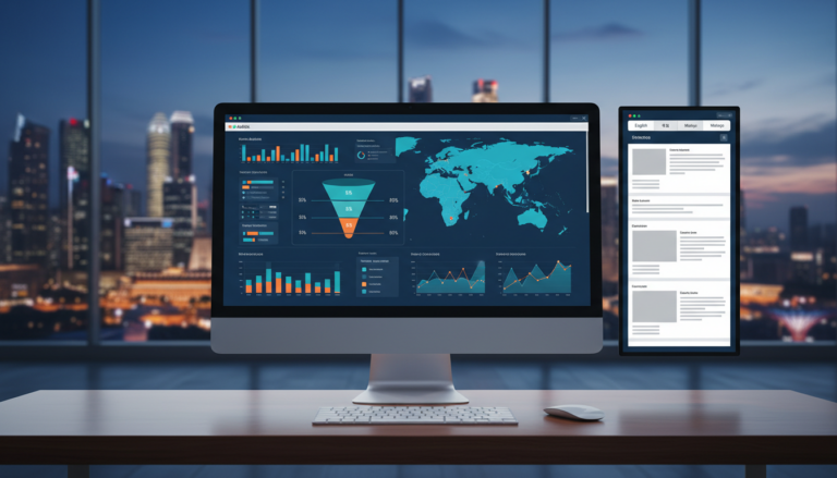 Professional analytics dashboard on ultra-widescreen monitor, modern Singapore skyline at dusk.