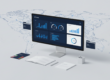 Professional digital workspace with KPI dashboard, notebook, and global translation hints.