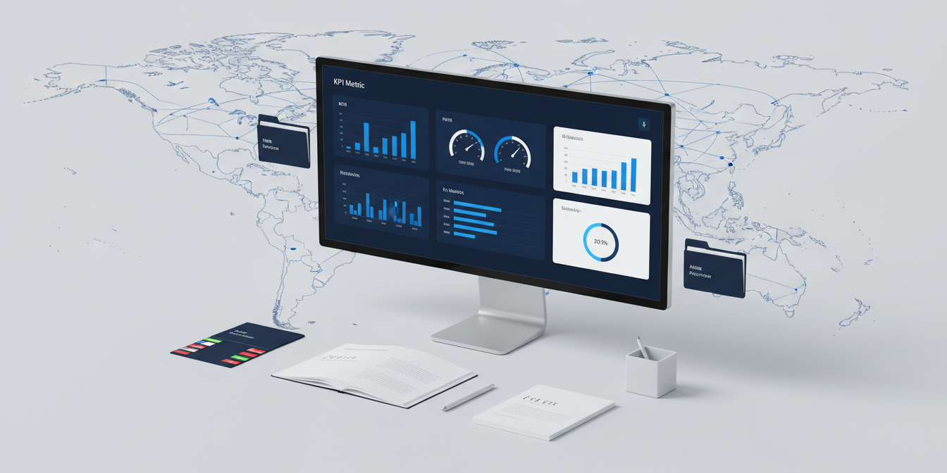 Professional digital workspace with KPI dashboard, notebook, and global translation hints. Professional digital workspace with KPI dashboard, notebook, and global translation hints.