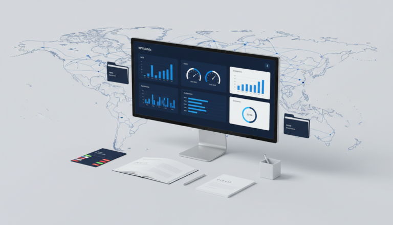 Professional digital workspace with KPI dashboard, notebook, and global translation hints.