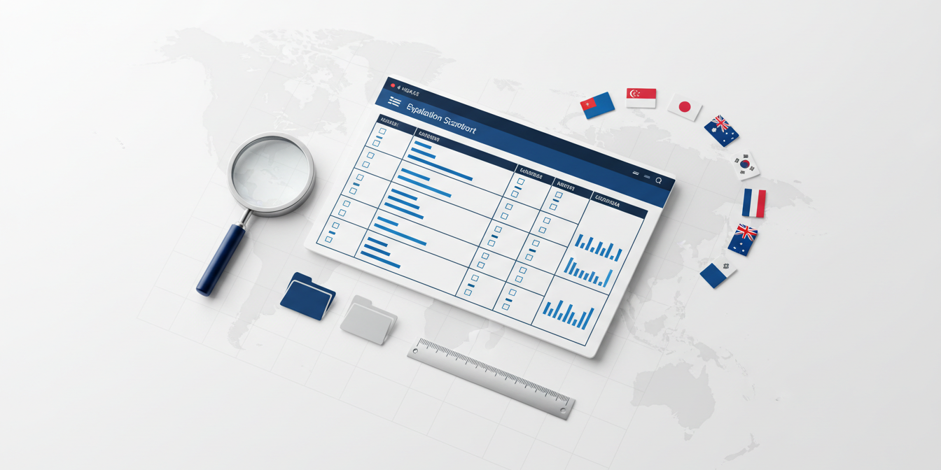 Professional flat-lay with assessment grid, magnifying glass, flags, documents, ruler. Professional flat-lay with assessment grid, magnifying glass, flags, documents, ruler.