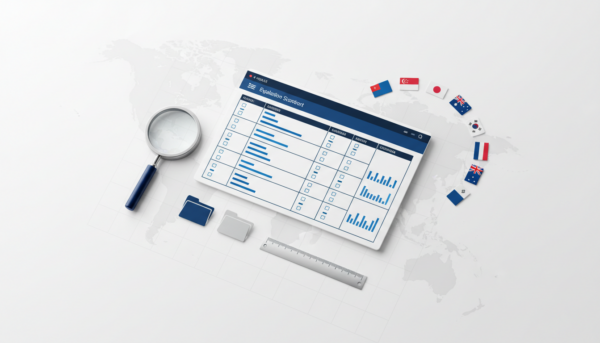 Professional flat-lay with assessment grid, magnifying glass, flags, documents, ruler.