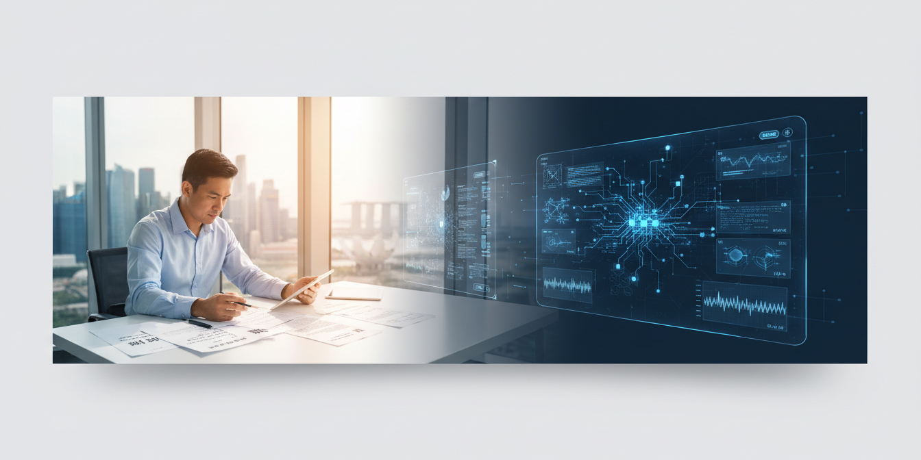 Professional workspace with a translator and AI interface in Singapore skyline backdrop.