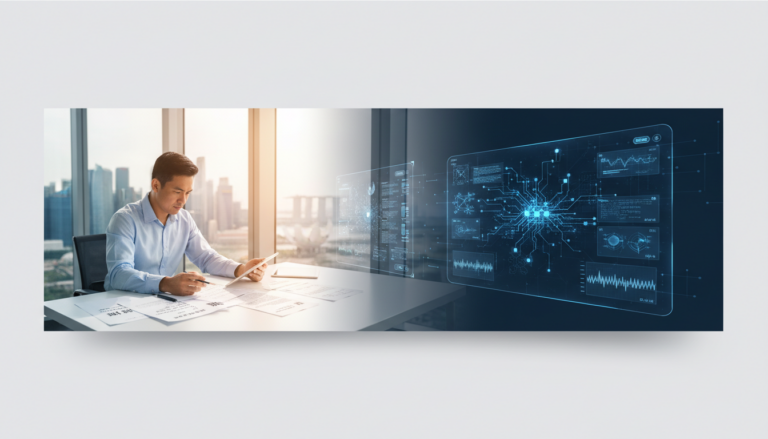 Professional workspace with a translator and AI interface in Singapore skyline backdrop.